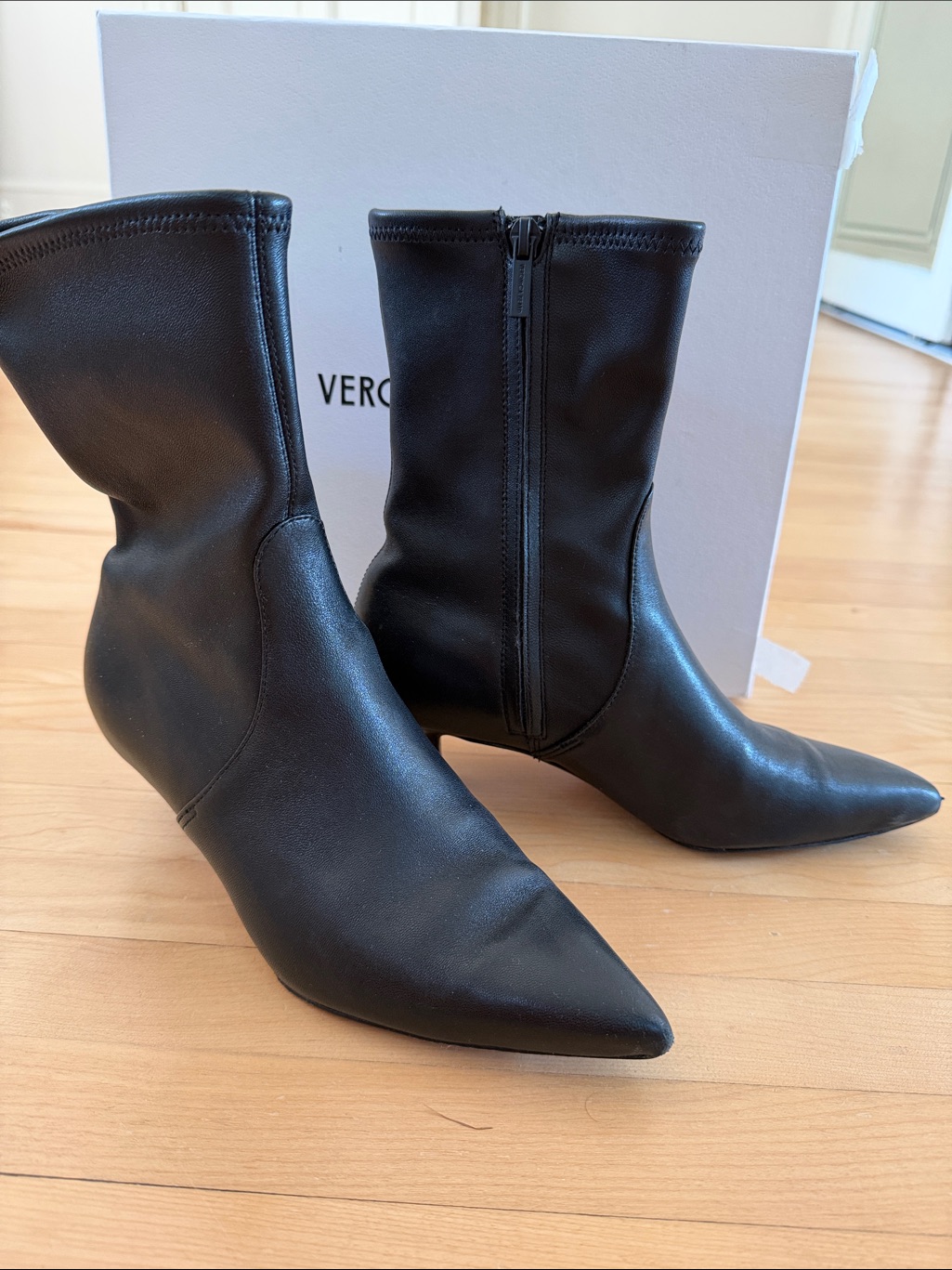 Veronica Beard Black Pointed Leather Ankle Booties